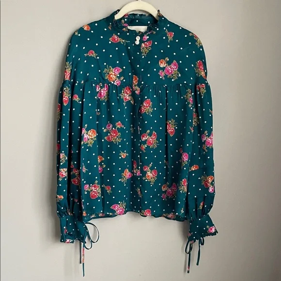 Anthropologie Teal Floral Blouse Pink Floral Print & Polka Dots Size Medium - Picture 3 of 10